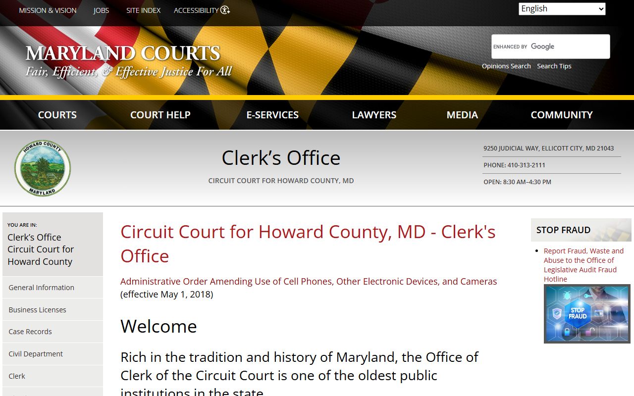Howard County Clerk of Circuit Court homepage for Columbia marriage license applications