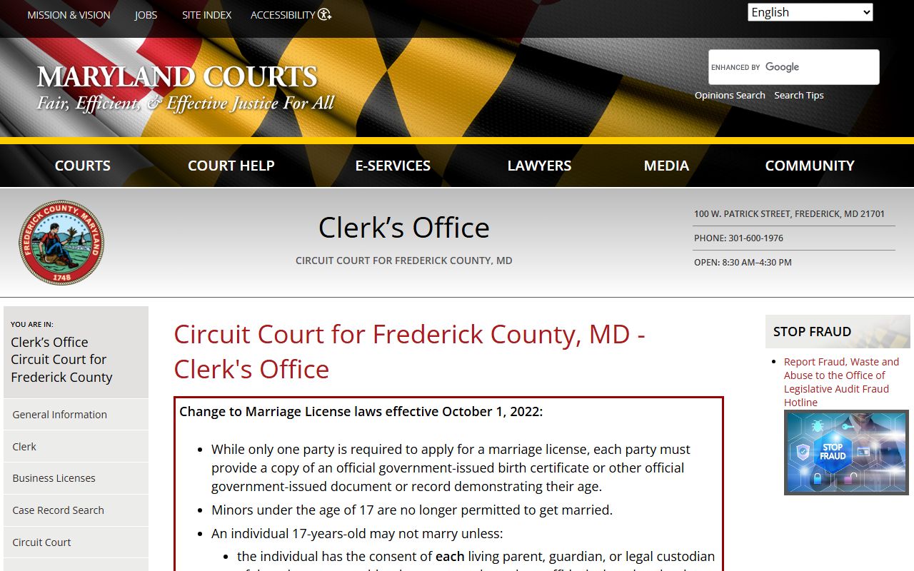 Frederick County Clerk of Circuit Court homepage for Frederick marriage license office
