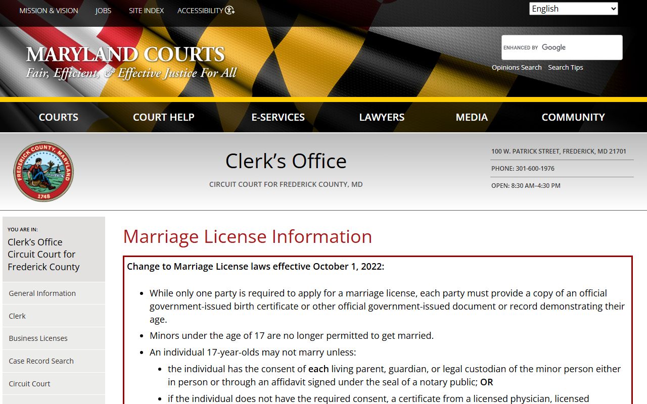 Frederick County marriage license official page for Frederick city residents