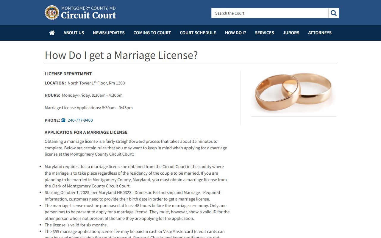 Montgomery County official marriage license page for Germantown residents