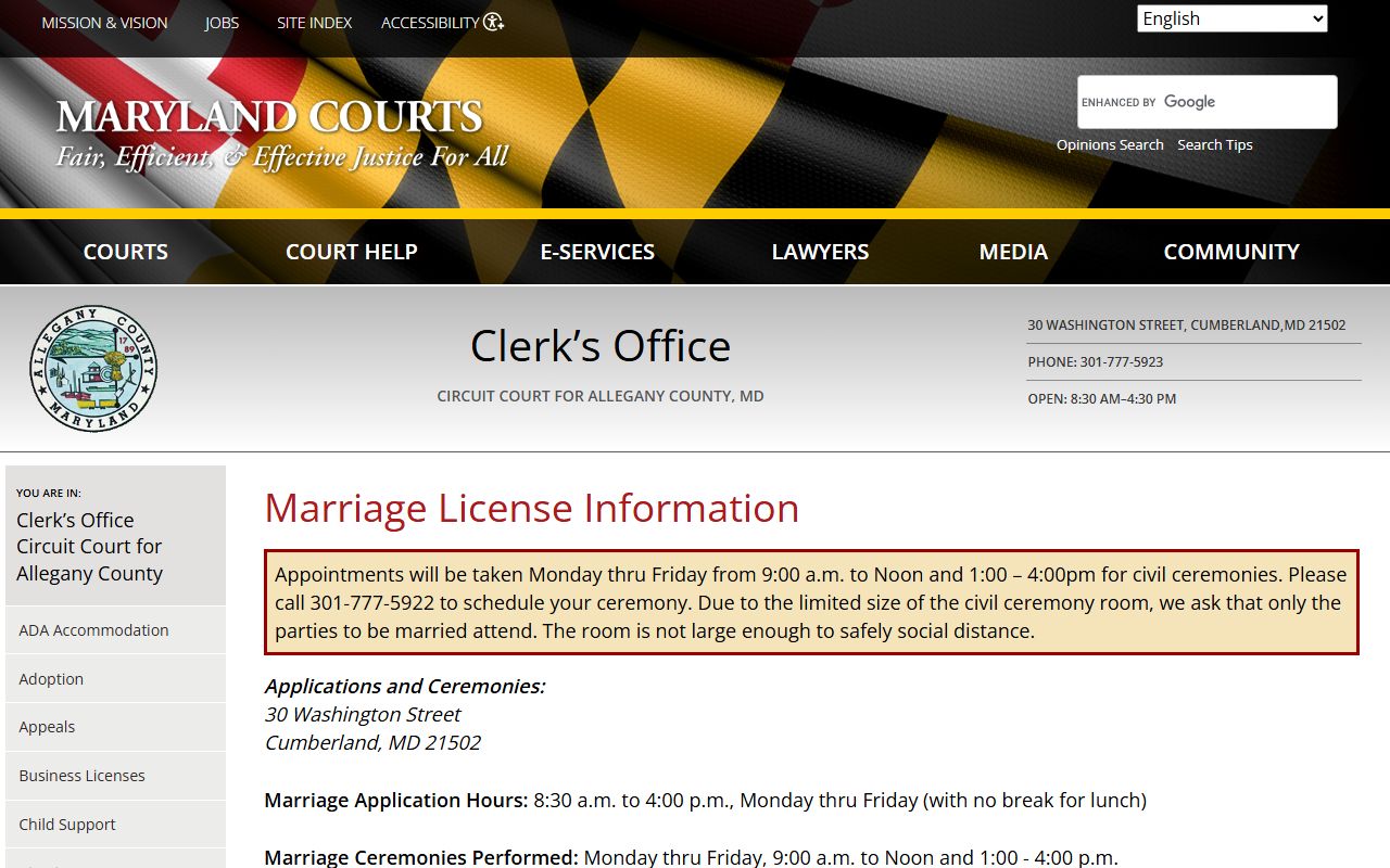 Allegany County marriage license page showing requirements and fees