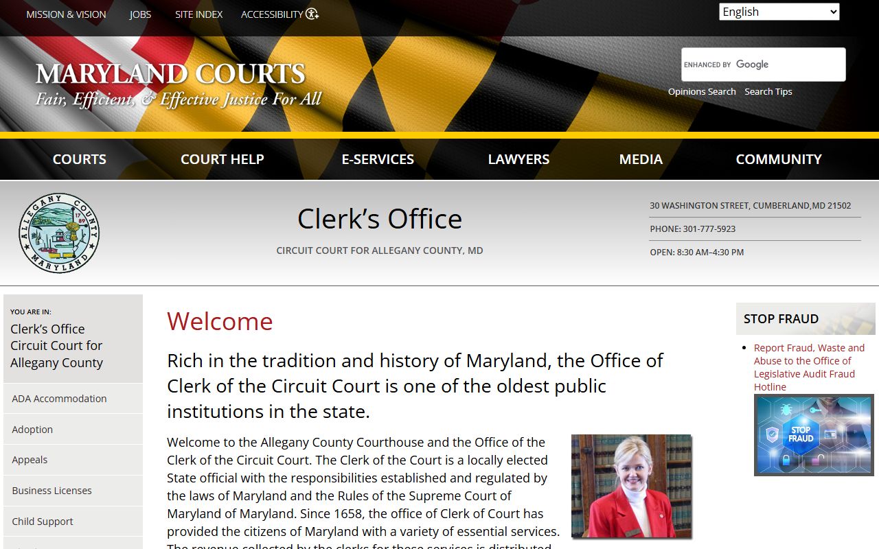 Allegany County Clerk of Circuit Court homepage with office hours and contact info