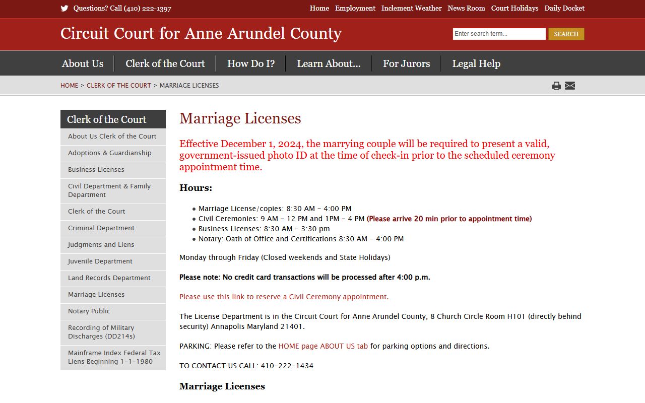 Anne Arundel County marriage license page at circuitcourt.org
