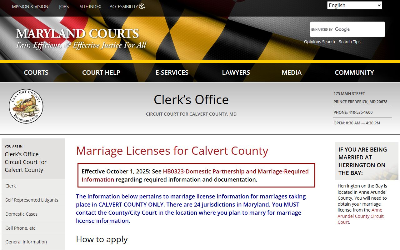 Calvert County Circuit Court marriage license page at courts.state.md.us