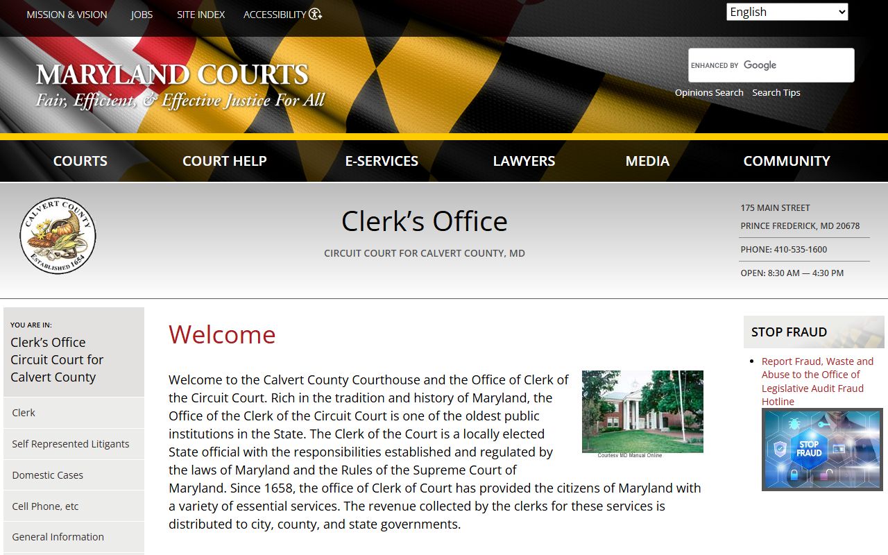 Calvert County Clerk of Circuit Court homepage with office information