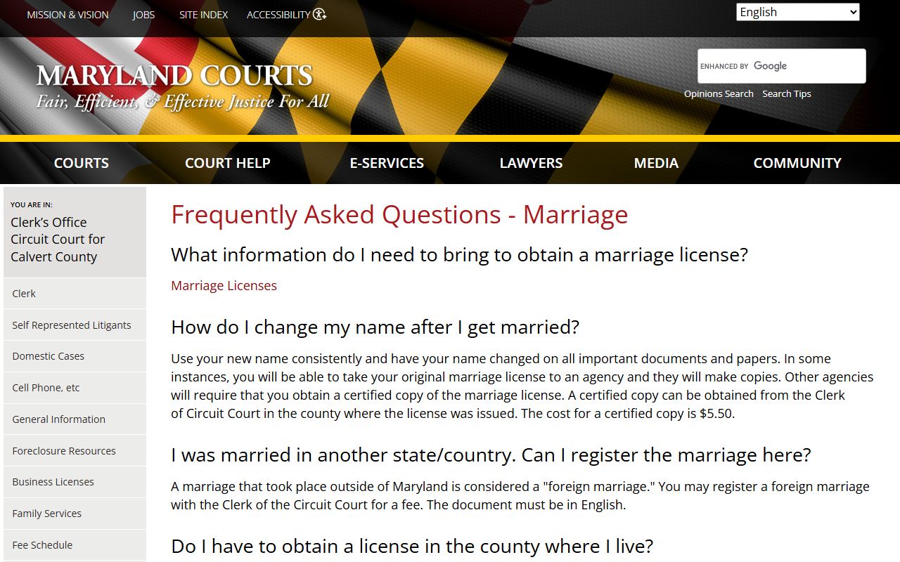 Calvert County marriage license FAQ page answering common questions