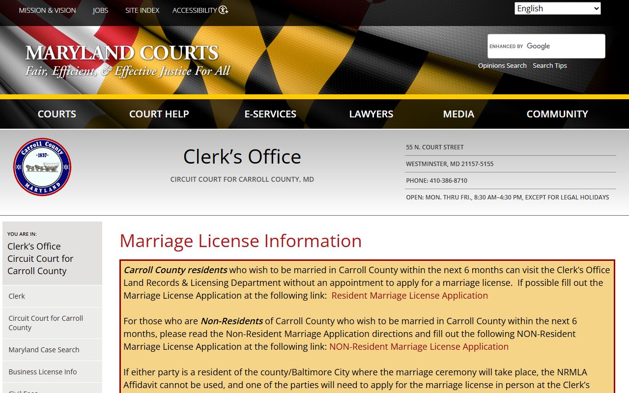 Carroll County marriage license page at courts.state.md.us showing fees and requirements