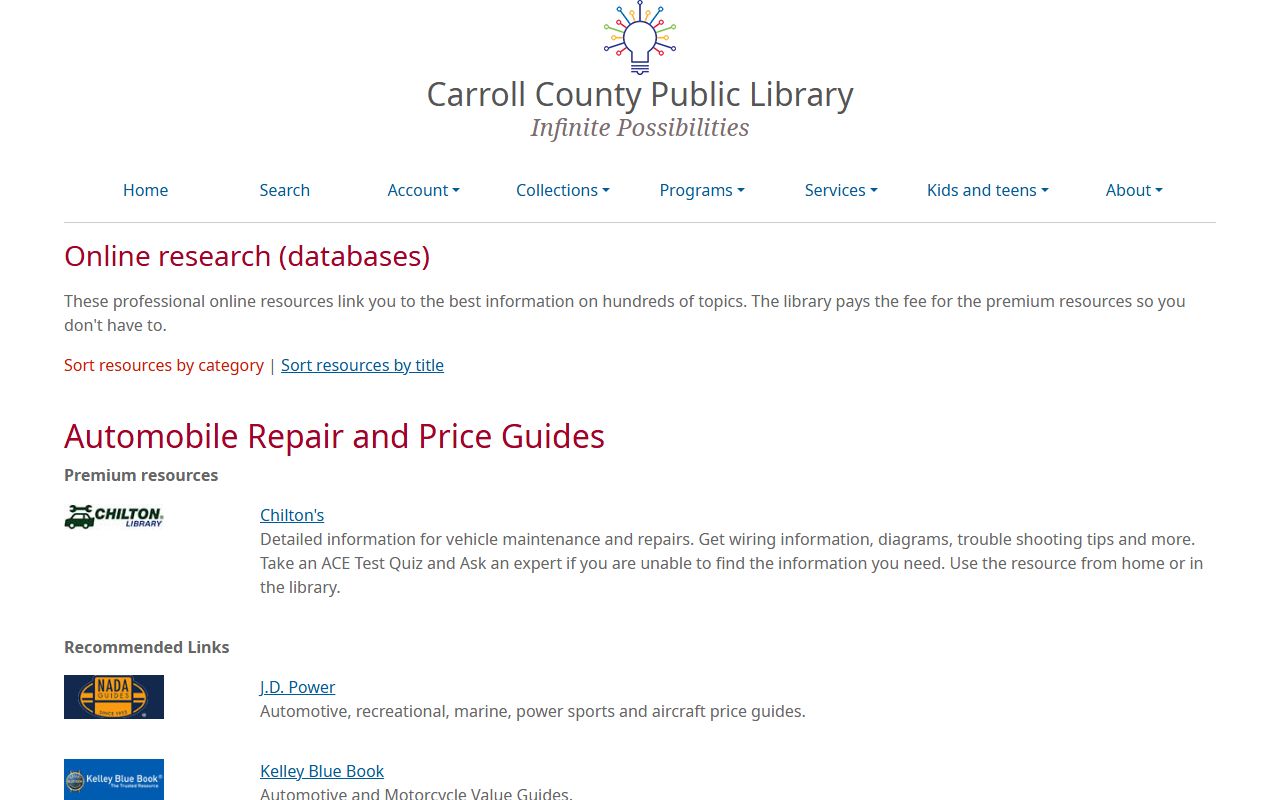 Carroll County Public Library research databases for historical marriage records