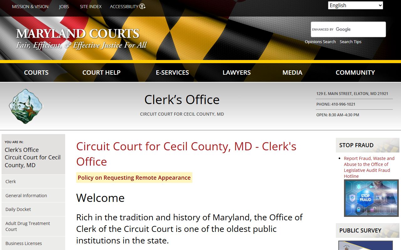 Cecil County Clerk of Circuit Court homepage listing services in Elkton