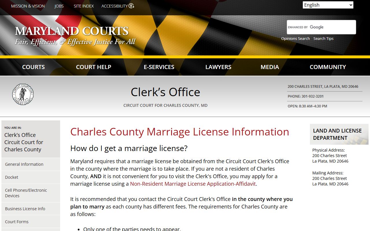 Charles County marriage license page at courts.state.md.us showing application details