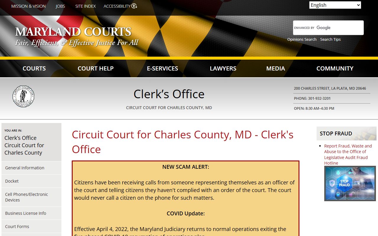 Charles County Clerk of Circuit Court homepage with office hours and contact details