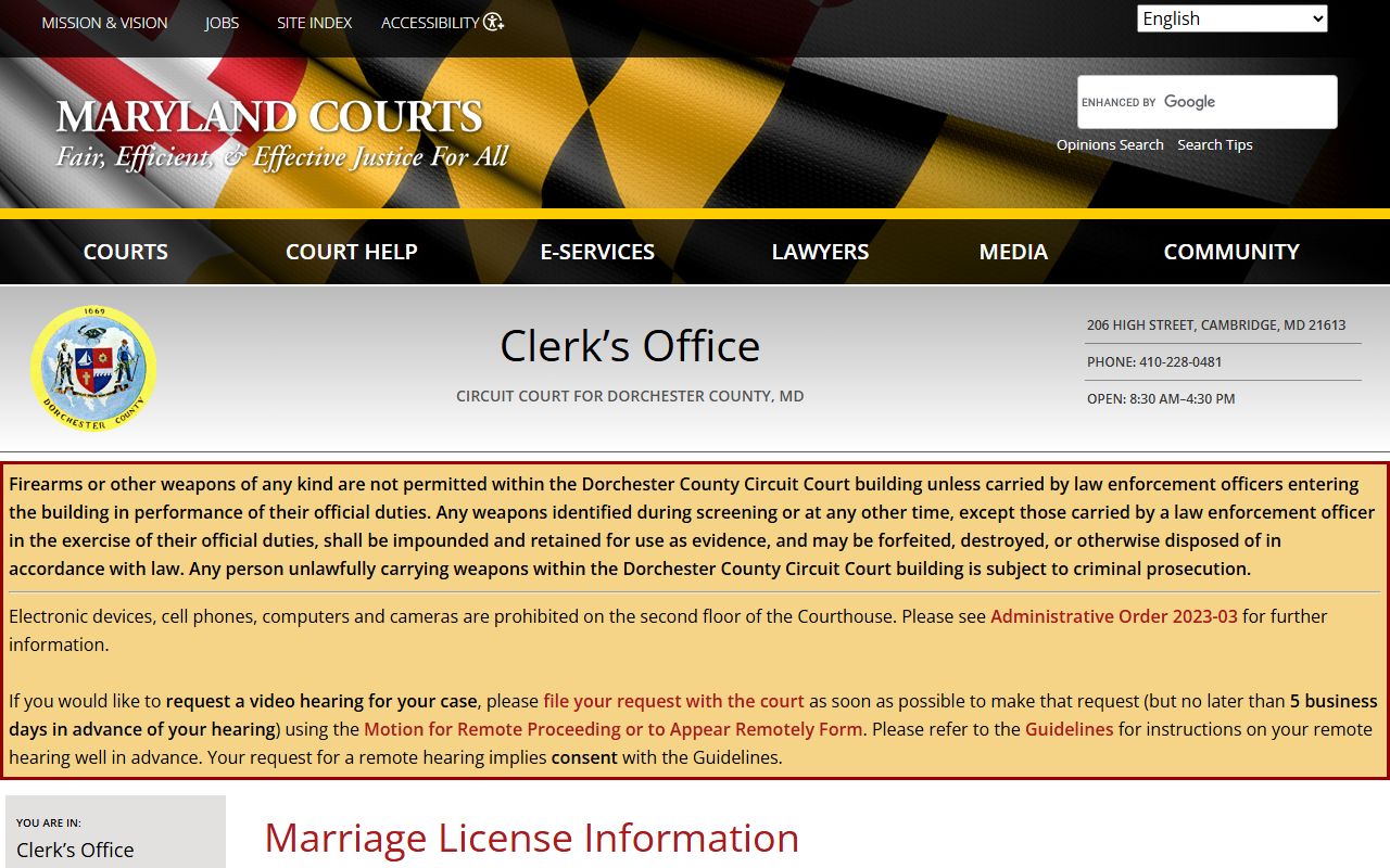 Dorchester County marriage license page at mdcourts.gov