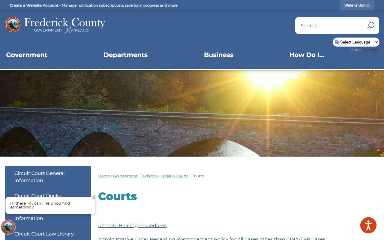 Frederick County government courts page with information about courthouse services and marriage licenses