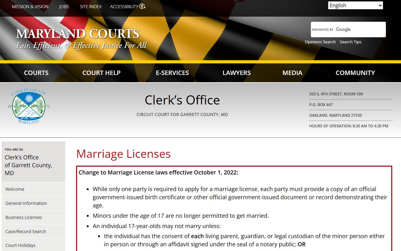 Official Garrett County marriage license page showing cash-only payment policy and Deep Creek area information