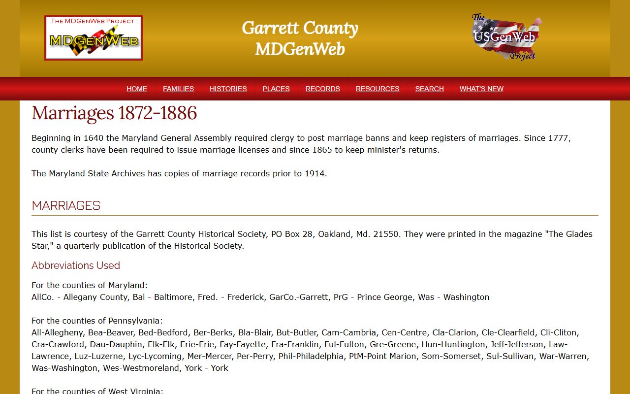 USGenWeb project providing free access to digitized Garrett County marriage records from 1872 to 1886