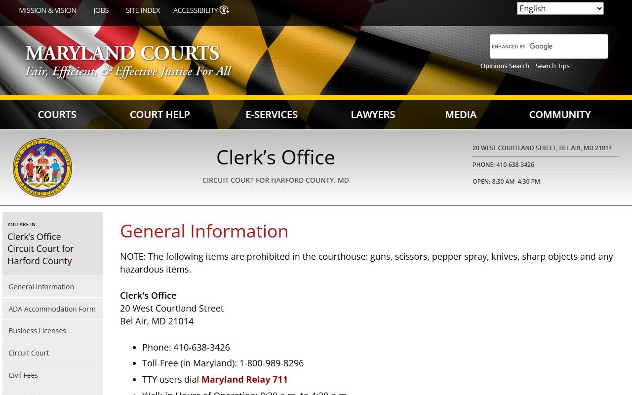 Harford County Clerk general information page covering court services available in Bel Air