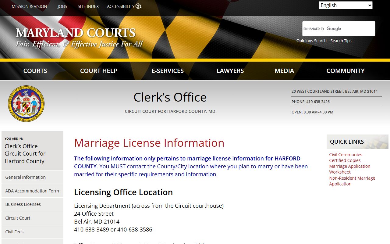Official Harford County marriage license page at mdcourts.gov with requirements and contact details for Bel Air