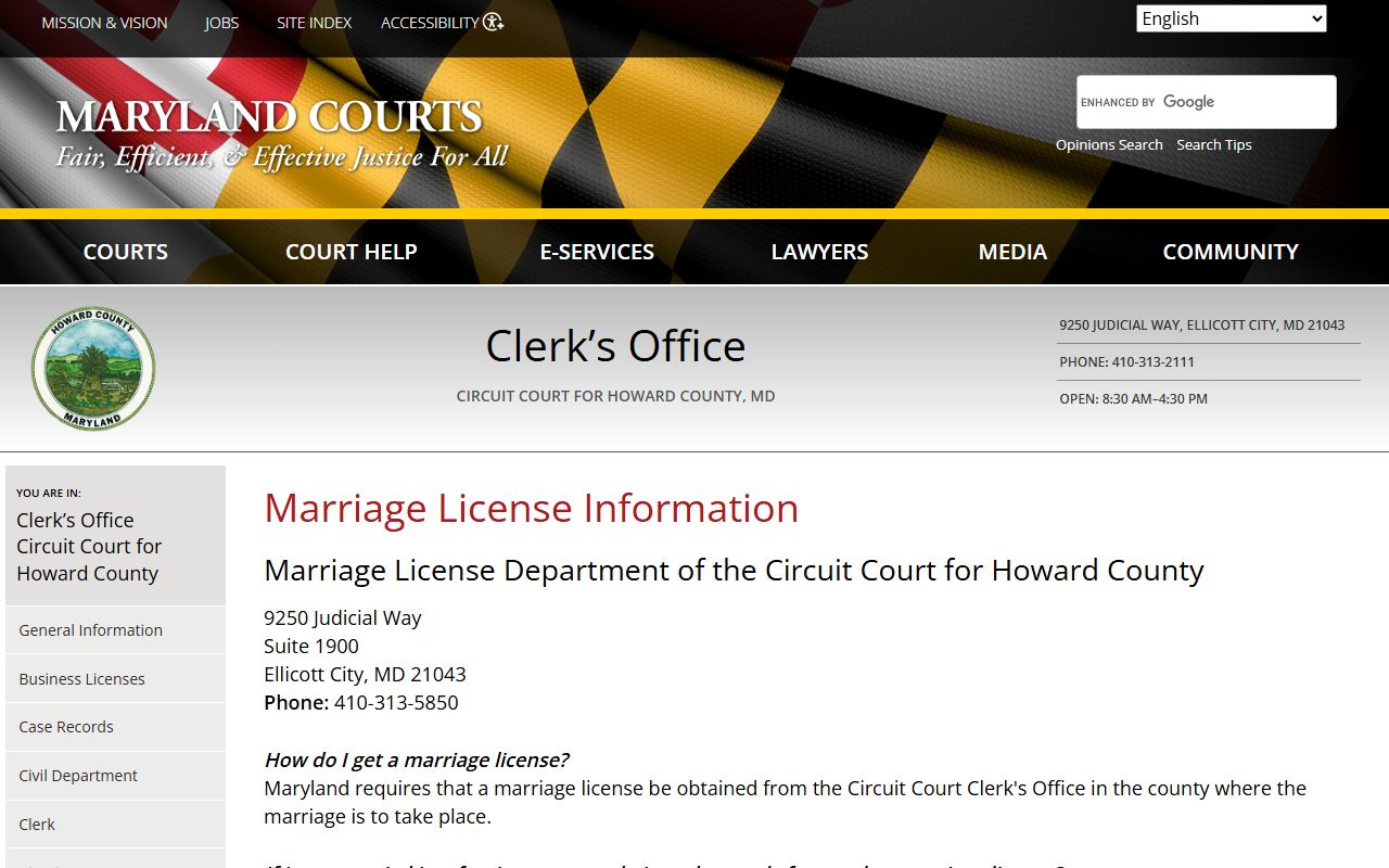 Official Howard County marriage license page at mdcourts.gov with Ellicott City courthouse details