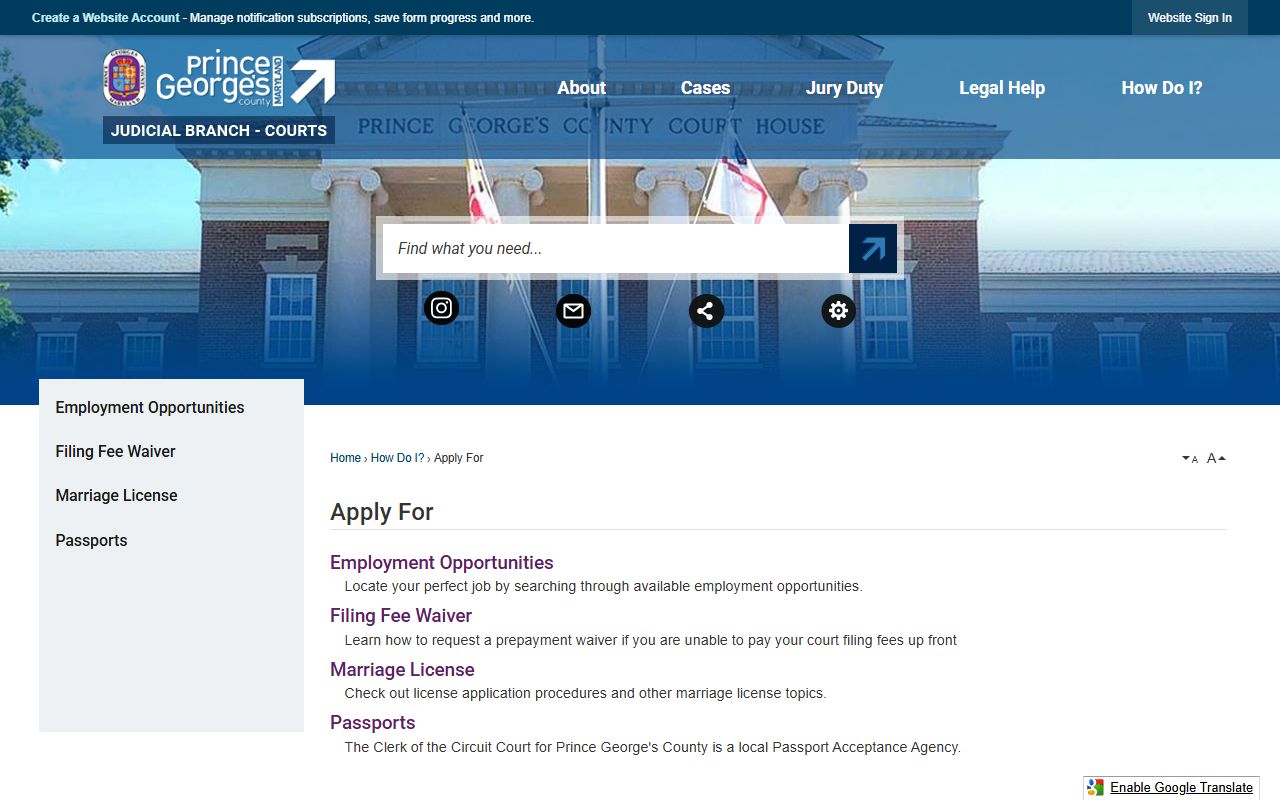 Apply For page at princegeorgescourts.org showing how to request certified copies of Prince George's County marriage records