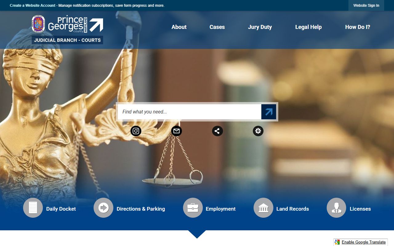 Prince George's County Courts main website providing access to all court services including marriage licenses