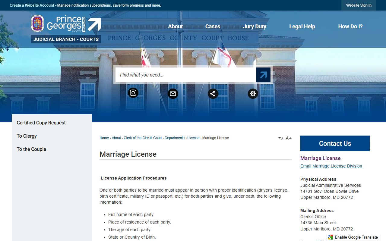 Official Prince George's County marriage license page at princegeorgescourts.org with application requirements
