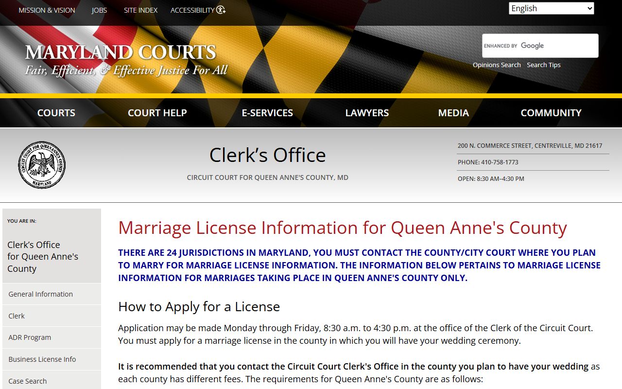 Queen Anne's County marriage license official page at courts.state.md.us