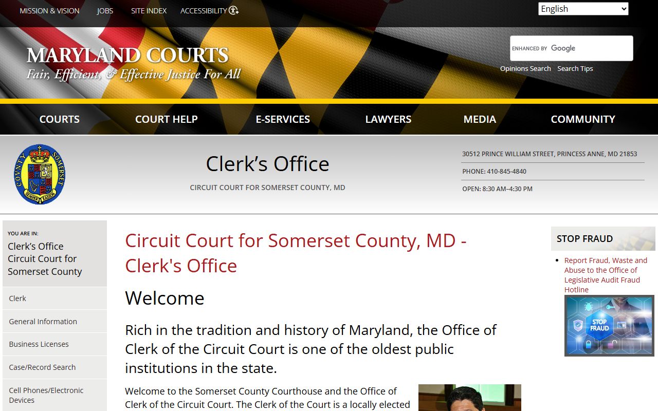 Somerset County Clerk of Circuit Court homepage for the Princess Anne office