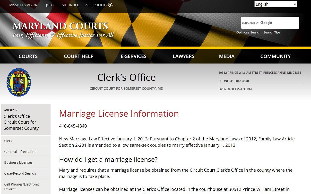 Somerset County marriage license official page at courts.state.md.us showing $25 fee and cash-only policy