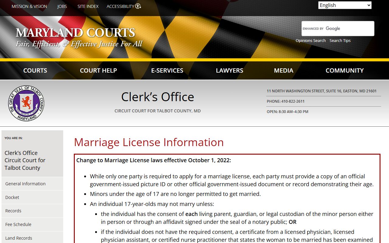 Talbot County marriage license official page at courts.state.md.us for the Easton courthouse