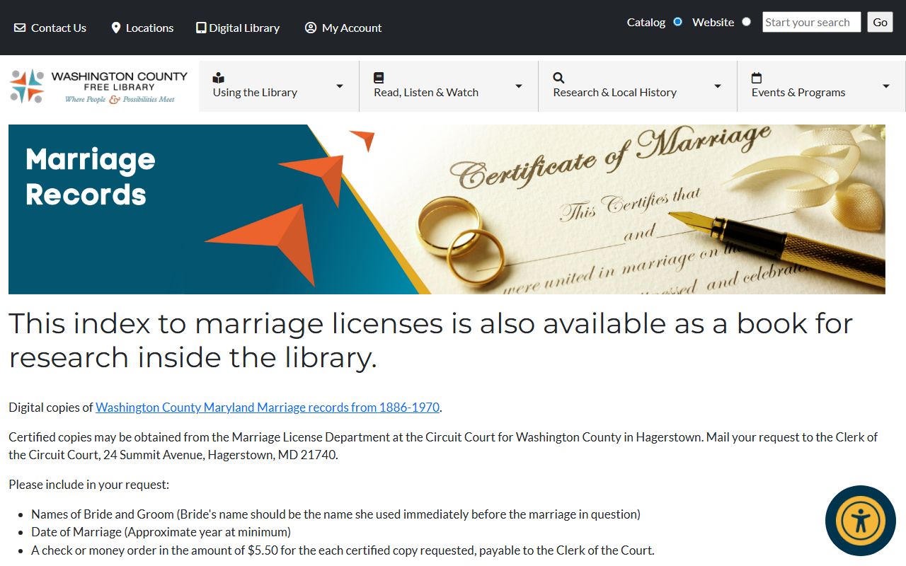 Washington County Free Library marriage records collection for genealogy research in Hagerstown