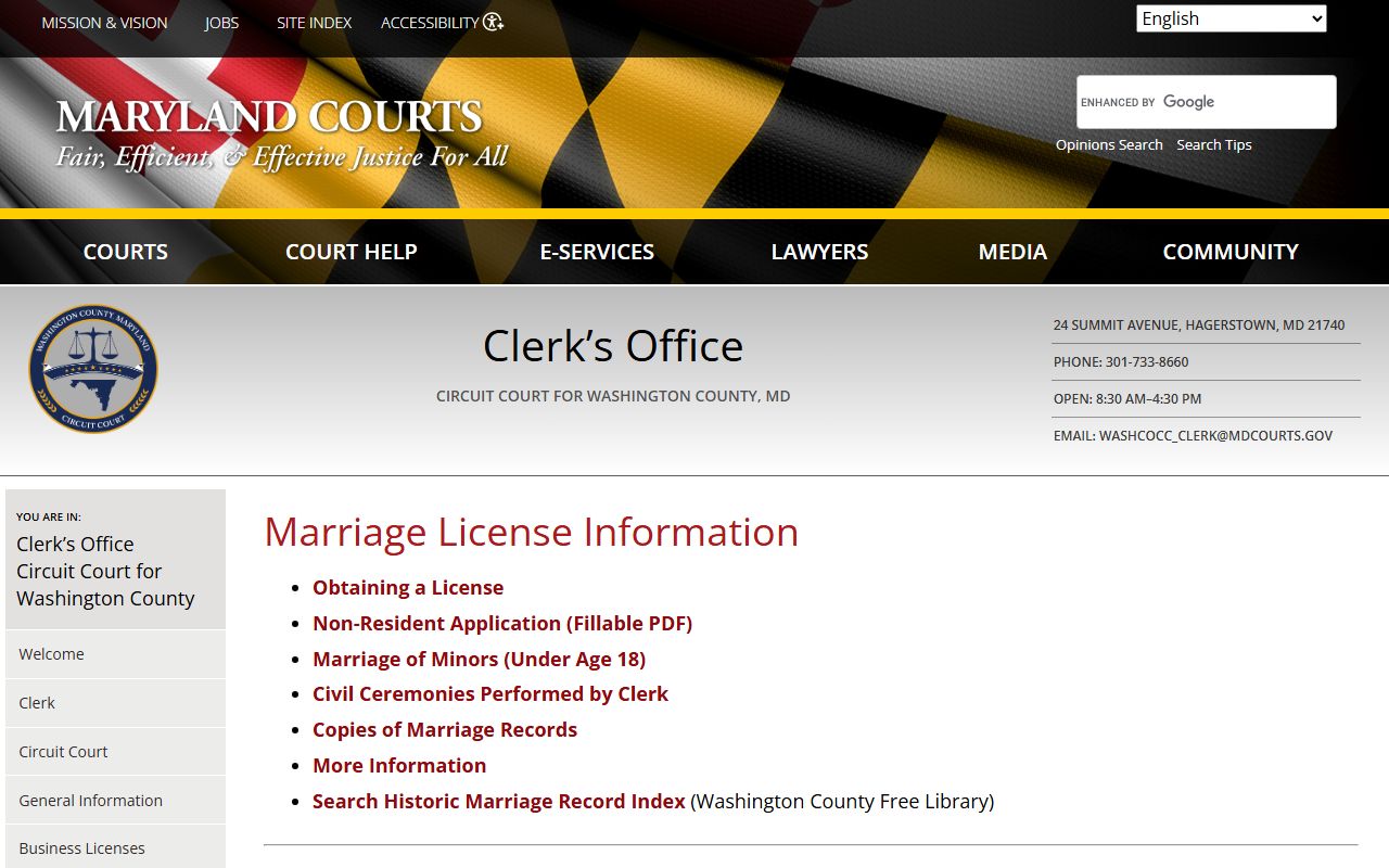 Washington County marriage license official page at courts.state.md.us for the Hagerstown courthouse