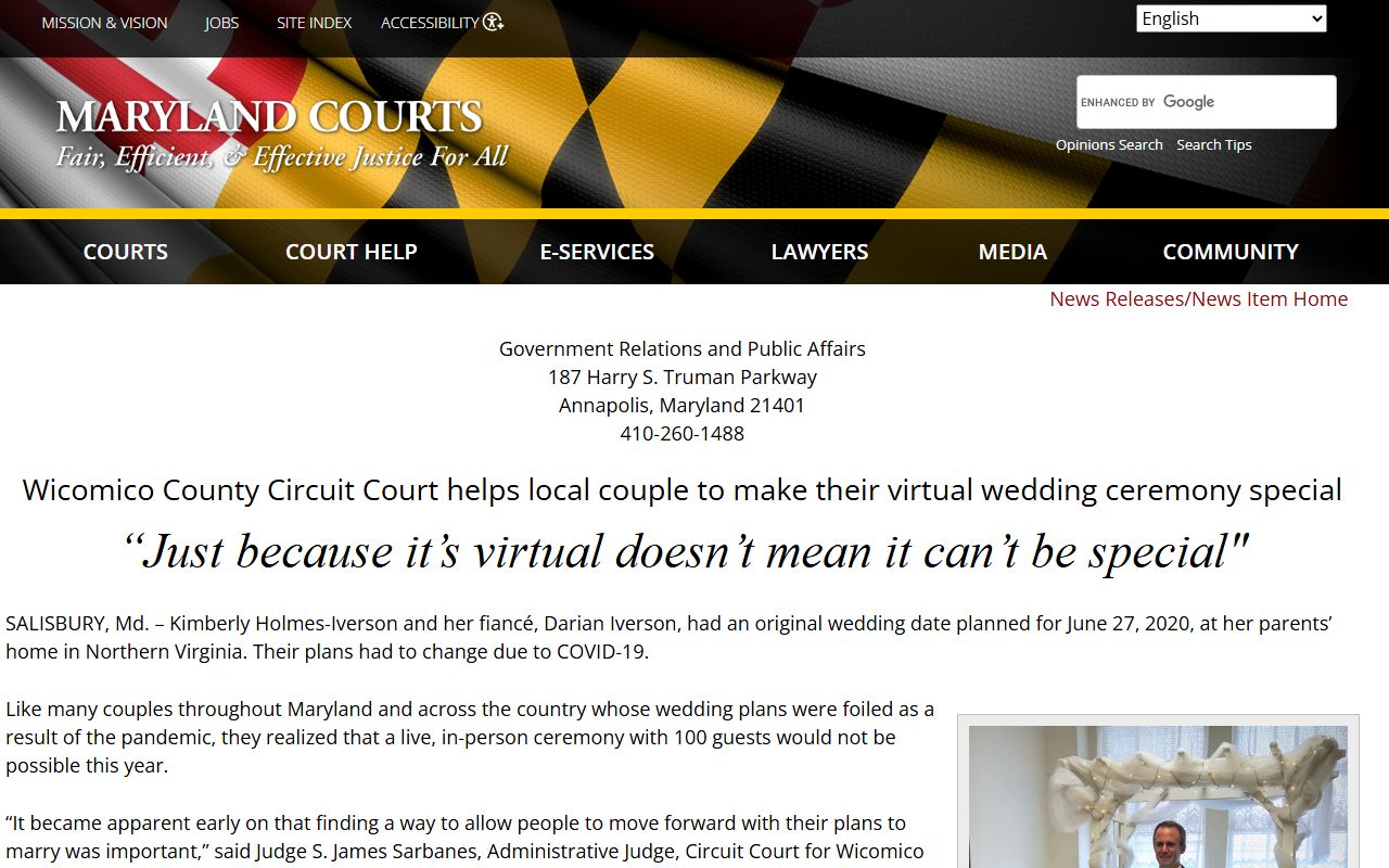 Maryland Courts news article about Wicomico County virtual wedding ceremony and marriage license services