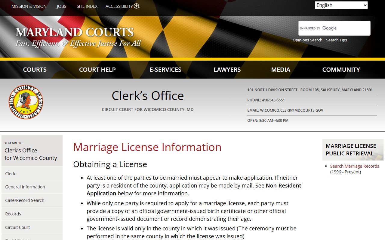 Wicomico County marriage license official page at courts.state.md.us with fees and requirements for Salisbury courthouse