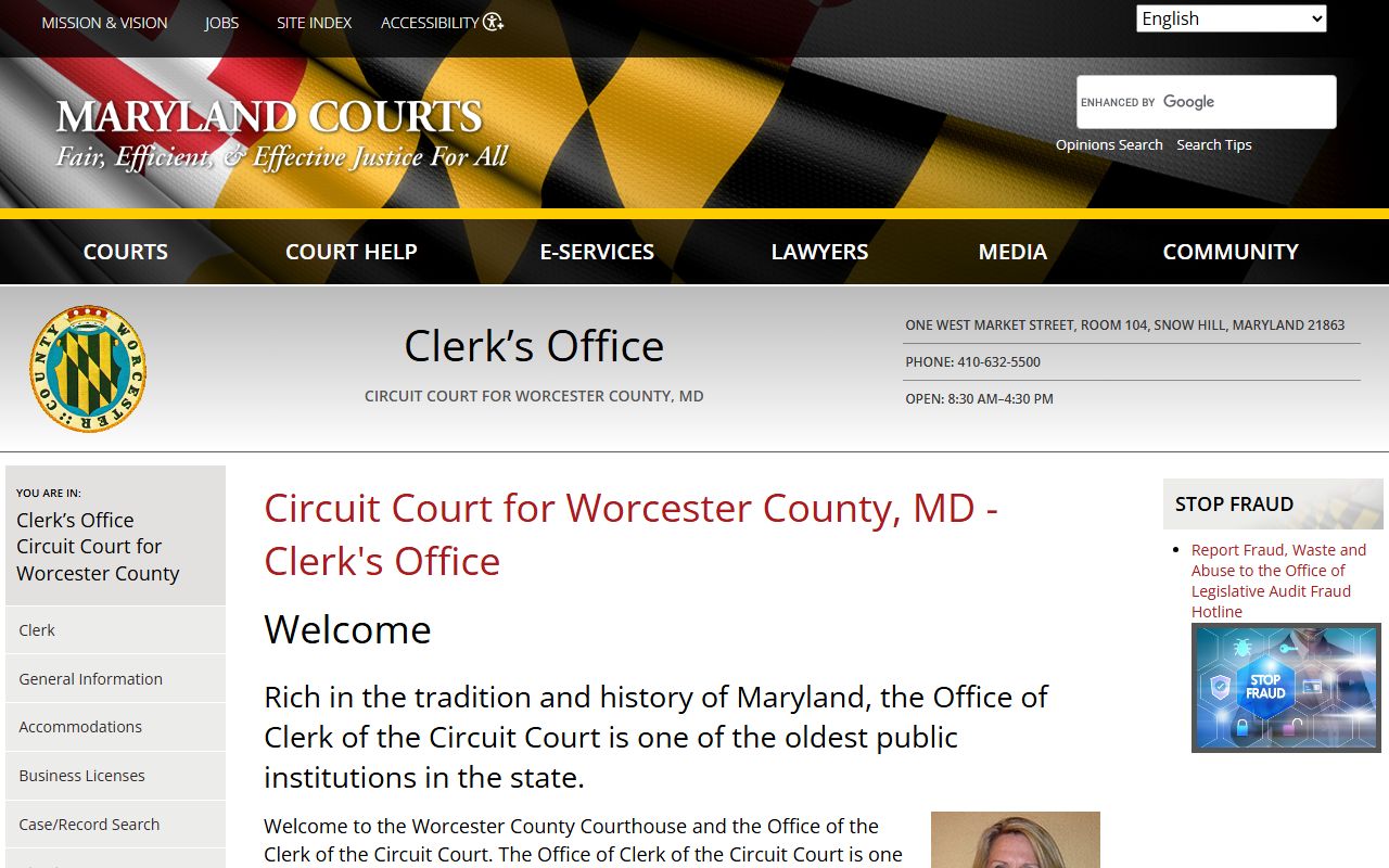 Worcester County Clerk of Circuit Court homepage in Snow Hill listing all available court services