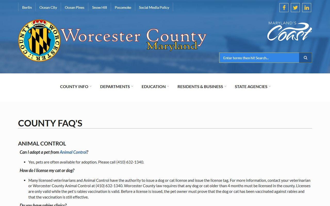 Worcester County FAQ page with information about county services including marriage license questions