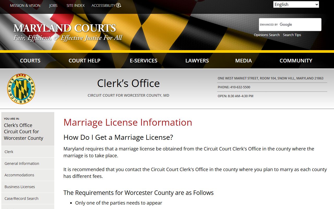 Worcester County marriage license official page at courts.state.md.us showing cash-only requirement and three-copy policy