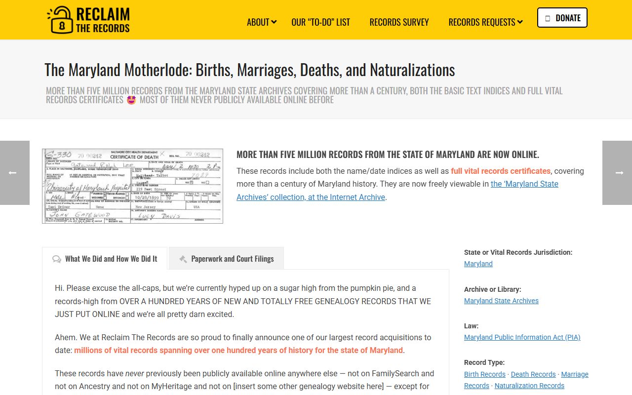 Reclaim the Records organization page for Maryland vital records access