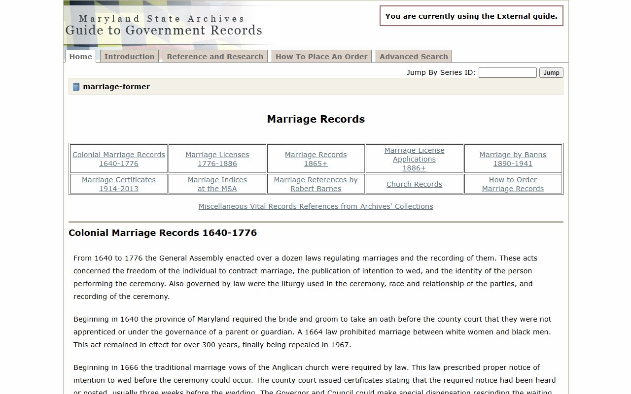 Maryland State Archives marriage records guide showing historical collections